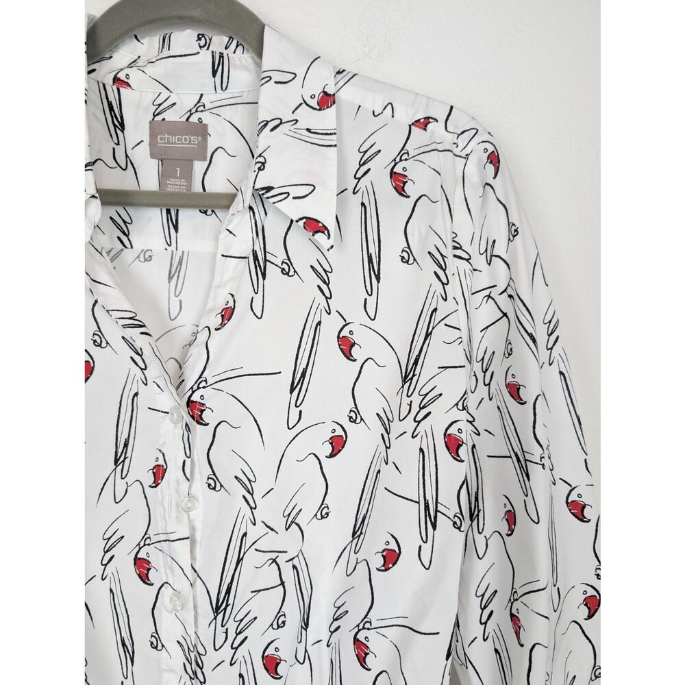 Chicos Top Amazon Parrots Print Tie Front Popover Alabaster Novelty White Size M - Picture 2 of 10